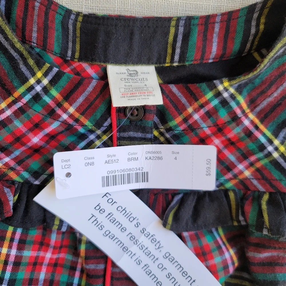 New! J Crew sz 4 Crewcuts Girls Flannel Nightgown PJ Black Tartan Plaid NWT